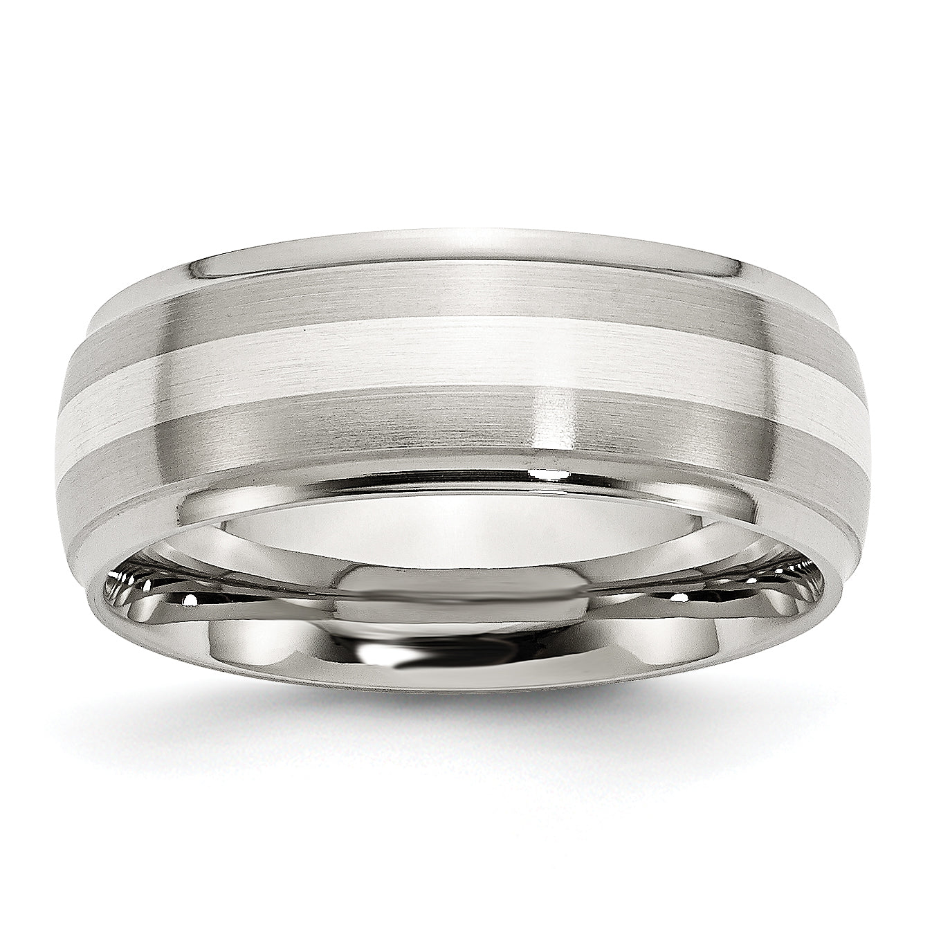 Stainless Steel Sterling Silver Inlay Brushed and Polished 8mm Ridged Edge Band