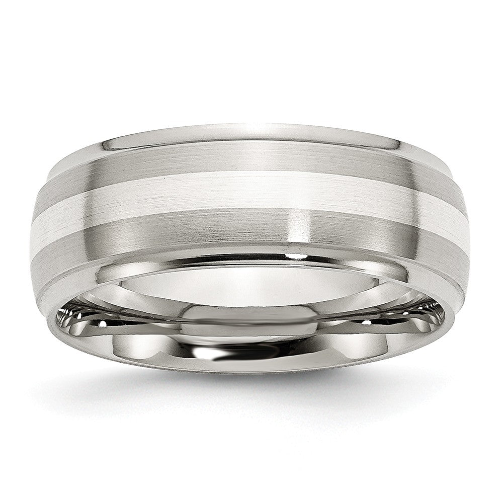 Stainless Steel Sterling Silver Inlay Ridged Edge Brushed and Polished Band