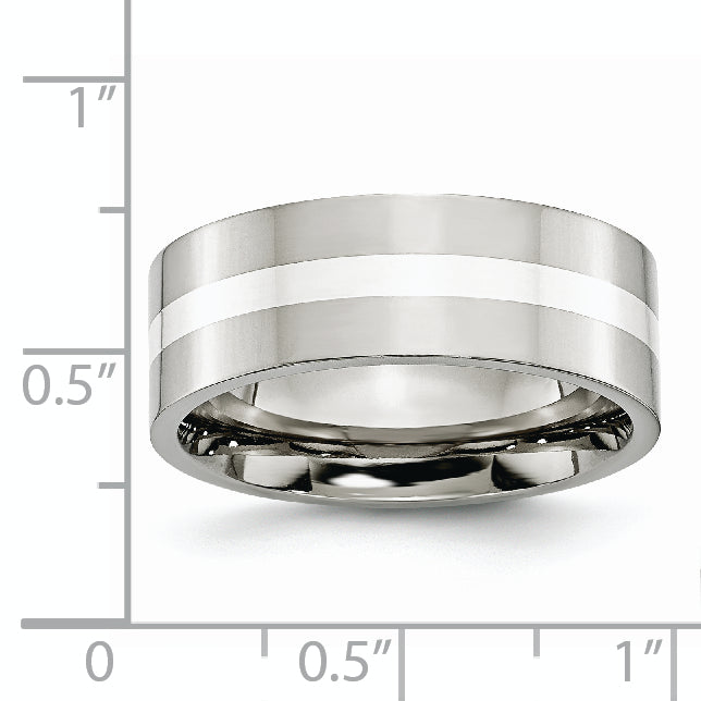 Stainless Steel with Sterling Silver Inlay Polished 8mm Flat Band