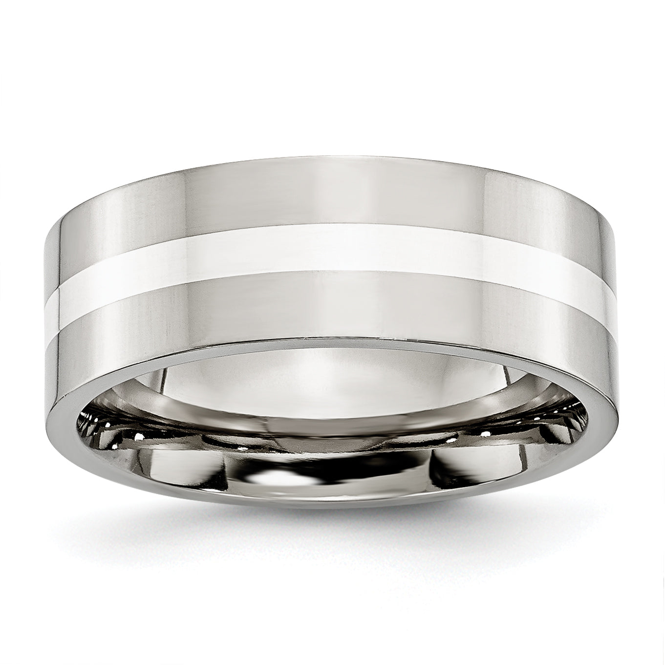 Stainless Steel with Sterling Silver Inlay Polished 8mm Flat Band