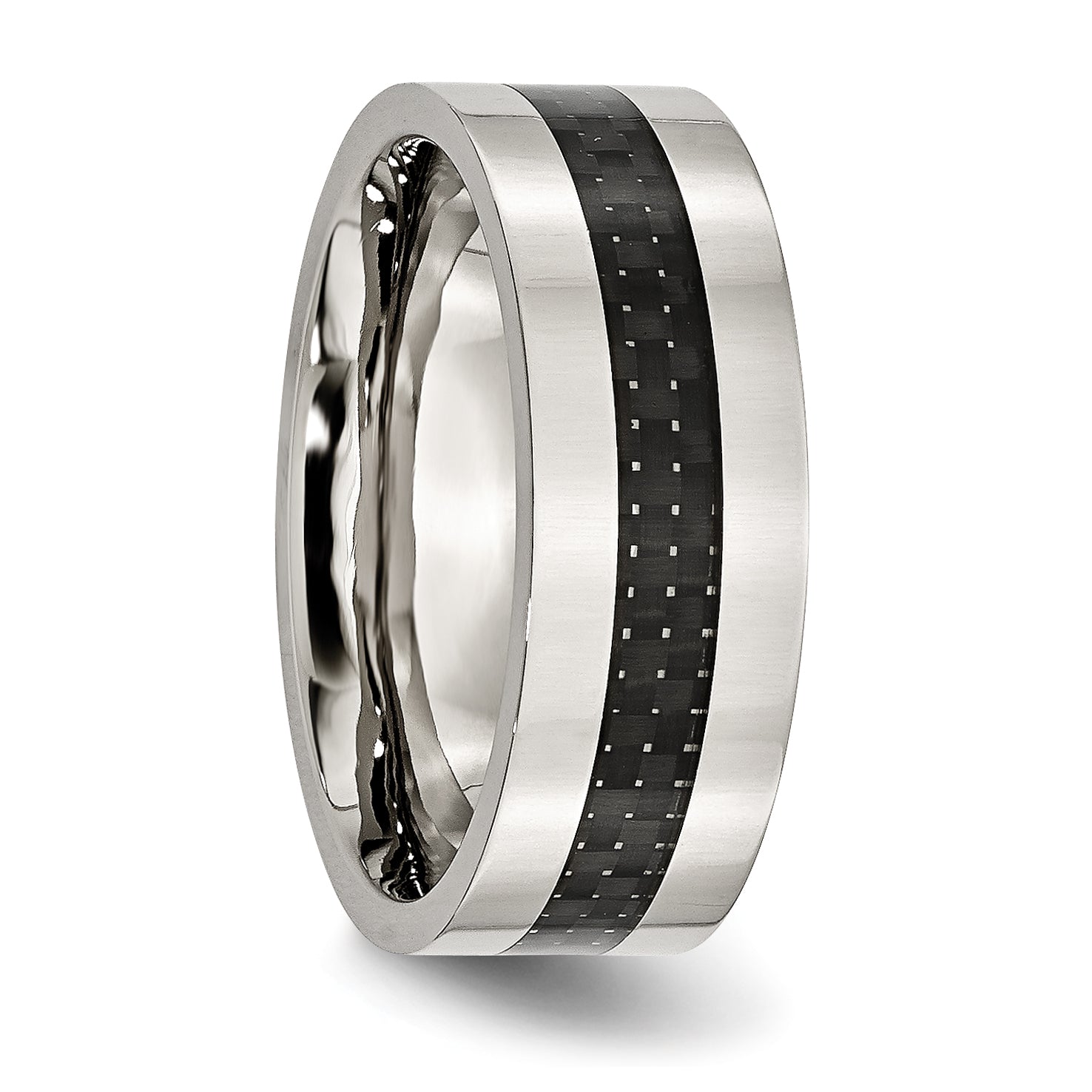 Stainless Steel Polished with Black Carbon Fiber Inlay 8mm Flat Band