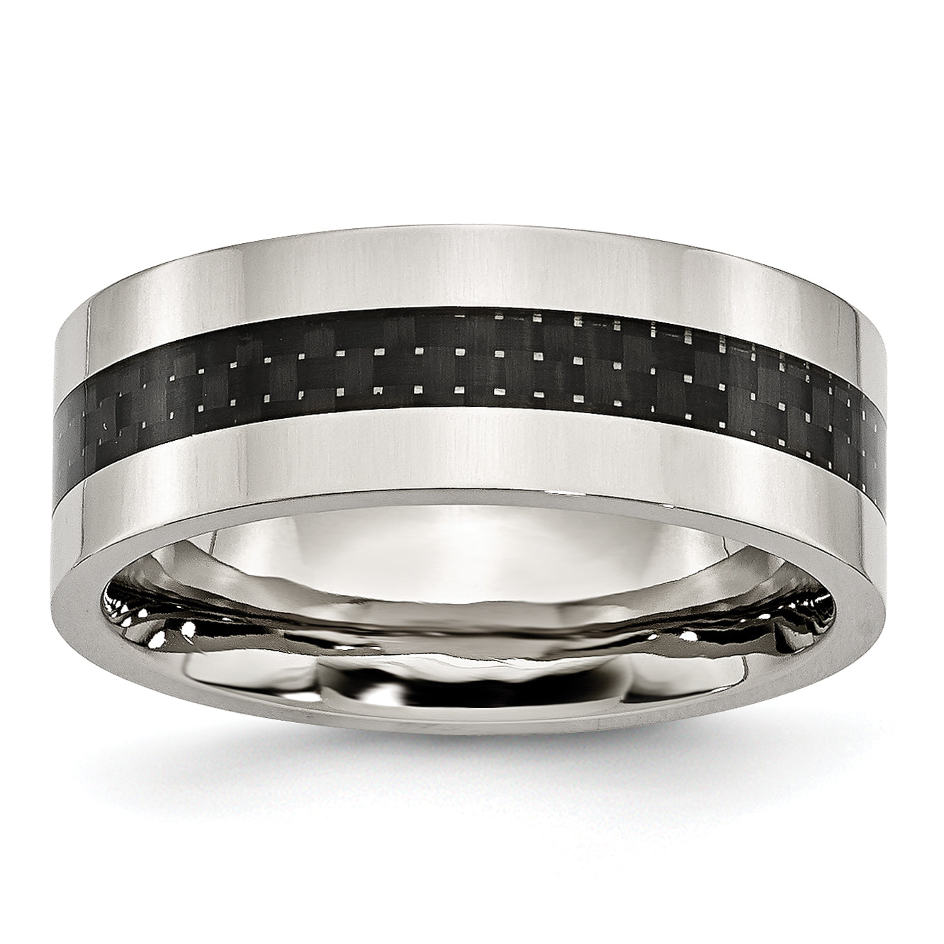 Stainless Steel Polished with Black Carbon Fiber Inlay 8mm Flat Band