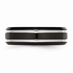 Stainless Steel Black Wedding Band with Grooved Polished Finish Engravable