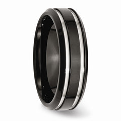 Stainless Steel Black Wedding Band with Grooved Polished Finish Engravable