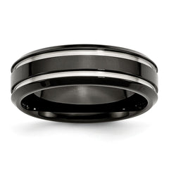 Stainless Steel Black Wedding Band with Grooved Polished Finish Engravable