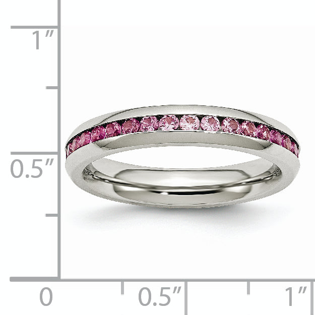 Stainless Steel Polished 4mm July Dark Pink CZ Ring