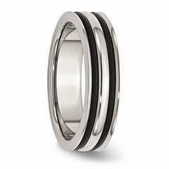 Stainless Steel and Black Rubber Wedding Band with Grooved Polished Finish