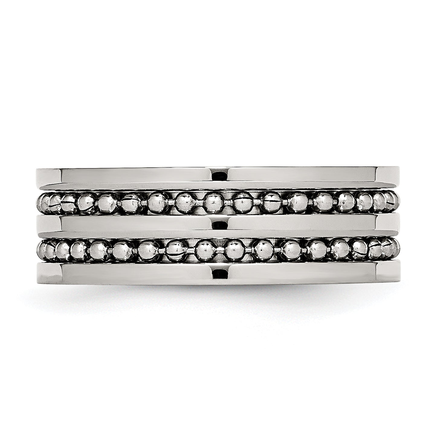 Stainless Steel Antiqued/Polished Double Row Beaded 8mm Band