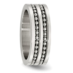 Stainless Steel Antiqued/Polished Double Row Beaded 8mm Band