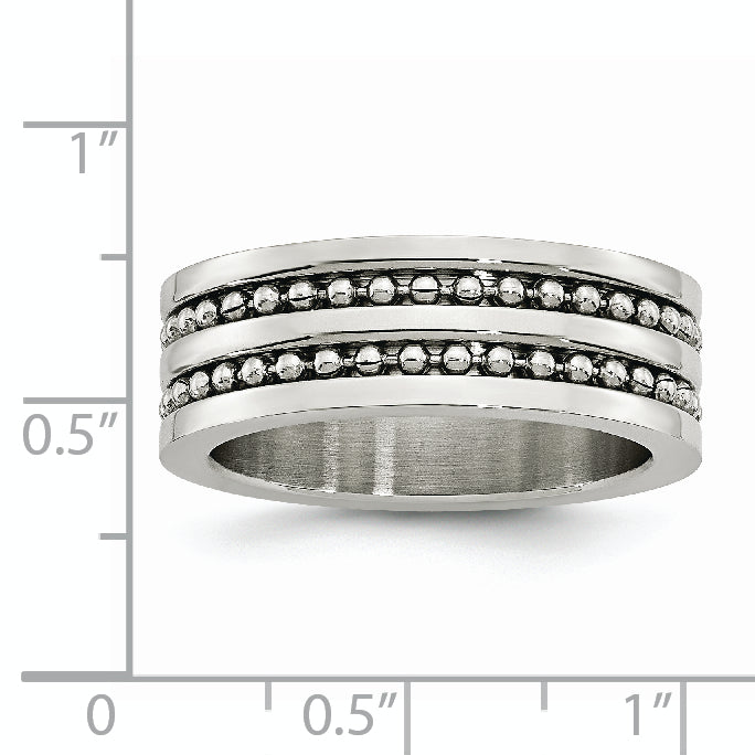 Stainless Steel Antiqued/Polished Double Row Beaded 8mm Band