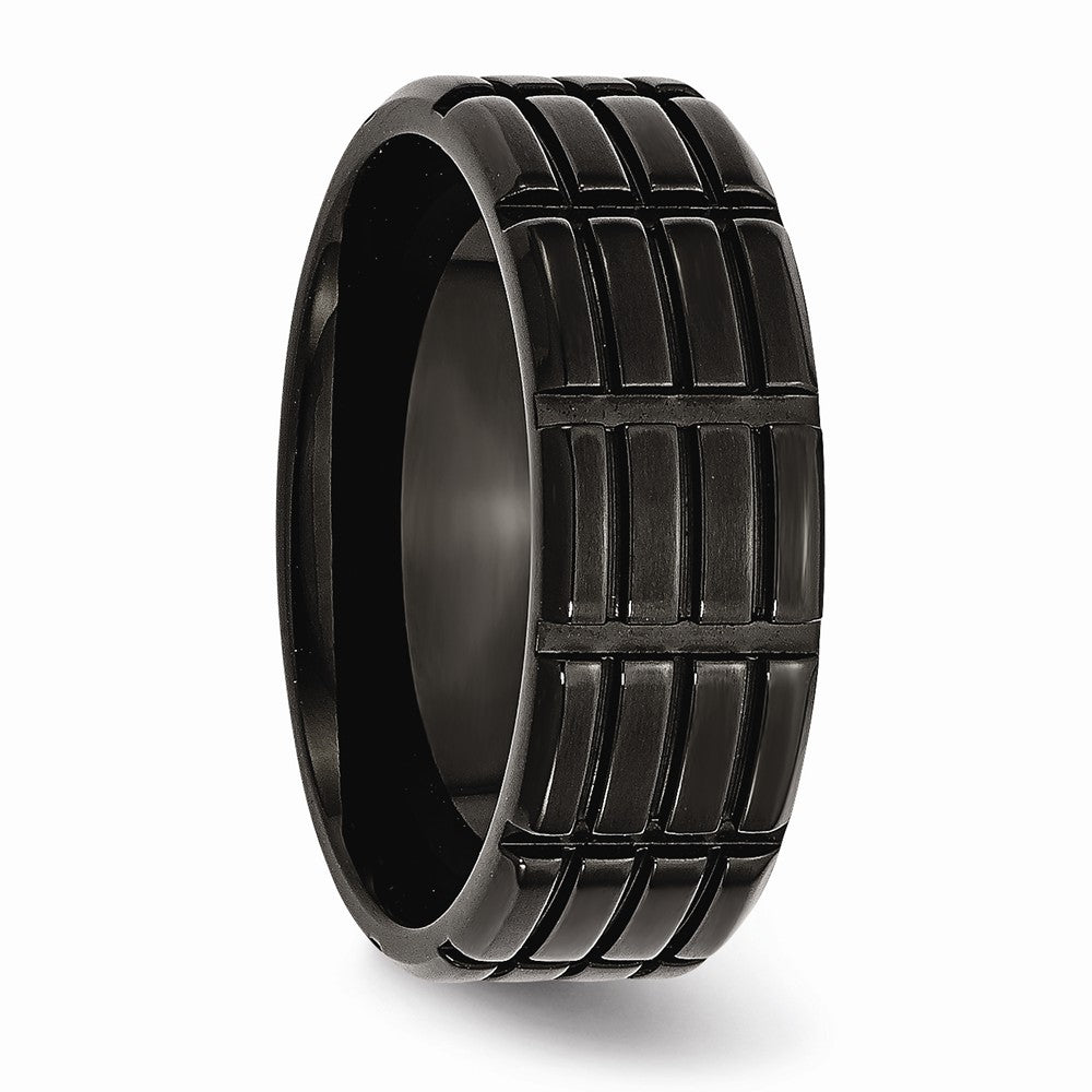 Stainless Steel Wedding Band with Black Grooved Design Engravable Bracelet