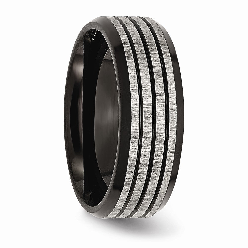 Stainless Steel Striped 8mm Black IP-plated Brushed/Polished Band