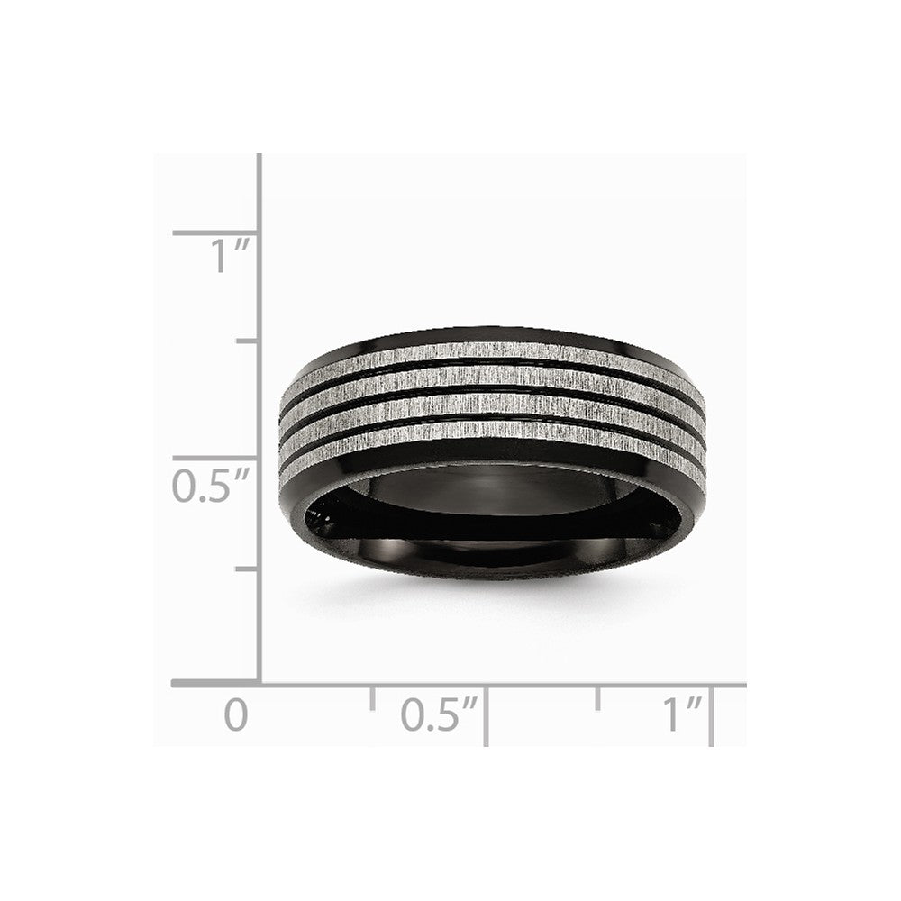 Stainless Steel Striped 8mm Black IP-plated Brushed/Polished Band