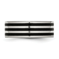 Stainless Steel 8mm Black IP-plated Striped Polished Band