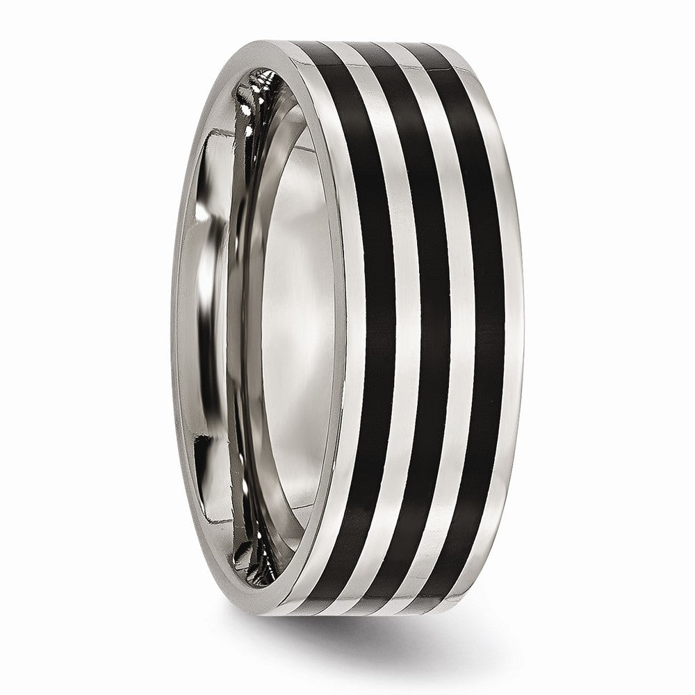 Stainless Steel 8mm Black IP-plated Striped Polished Band