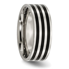 Stainless Steel 8mm Black IP-plated Striped Polished Band