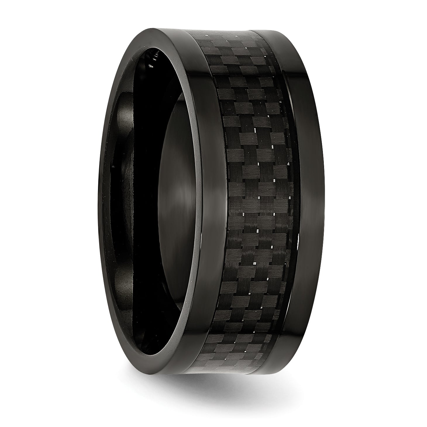 Stainless Steel Polished 9mm Black IP-plated WithCarbon Fiber Inlay Band