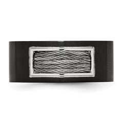 Stainless Steel Polished Black IP-plated WithGrey Wire Inlay 10mm Band