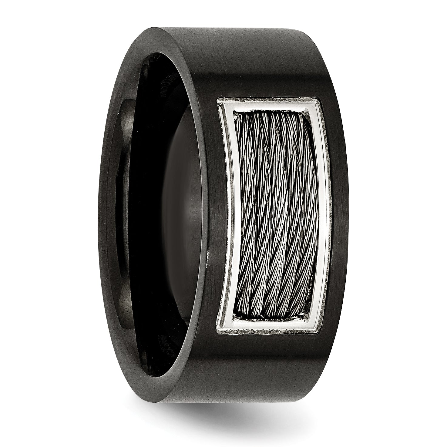 Stainless Steel Polished Black IP-plated WithGrey Wire Inlay 10mm Band