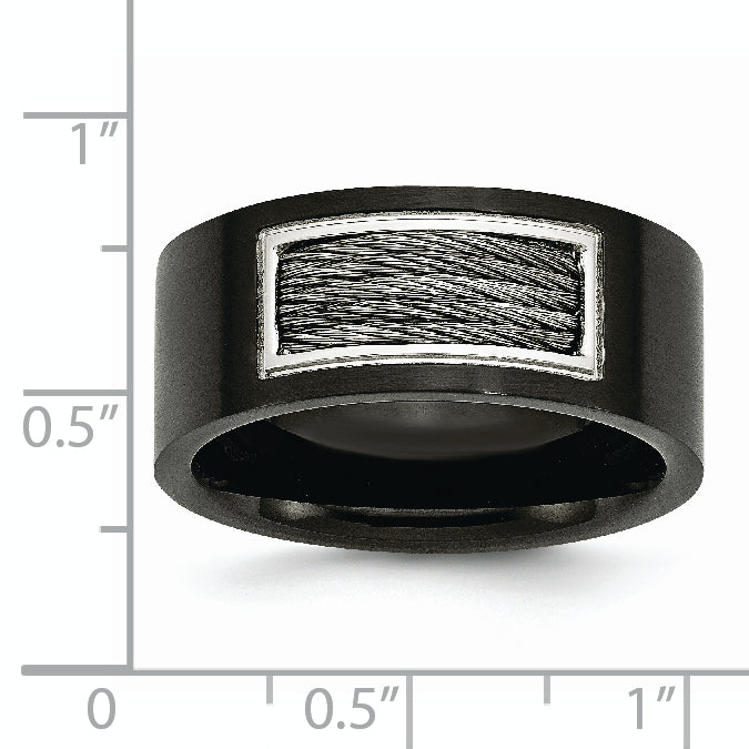 Stainless Steel Polished Black IP-plated WithGrey Wire Inlay 10mm Band