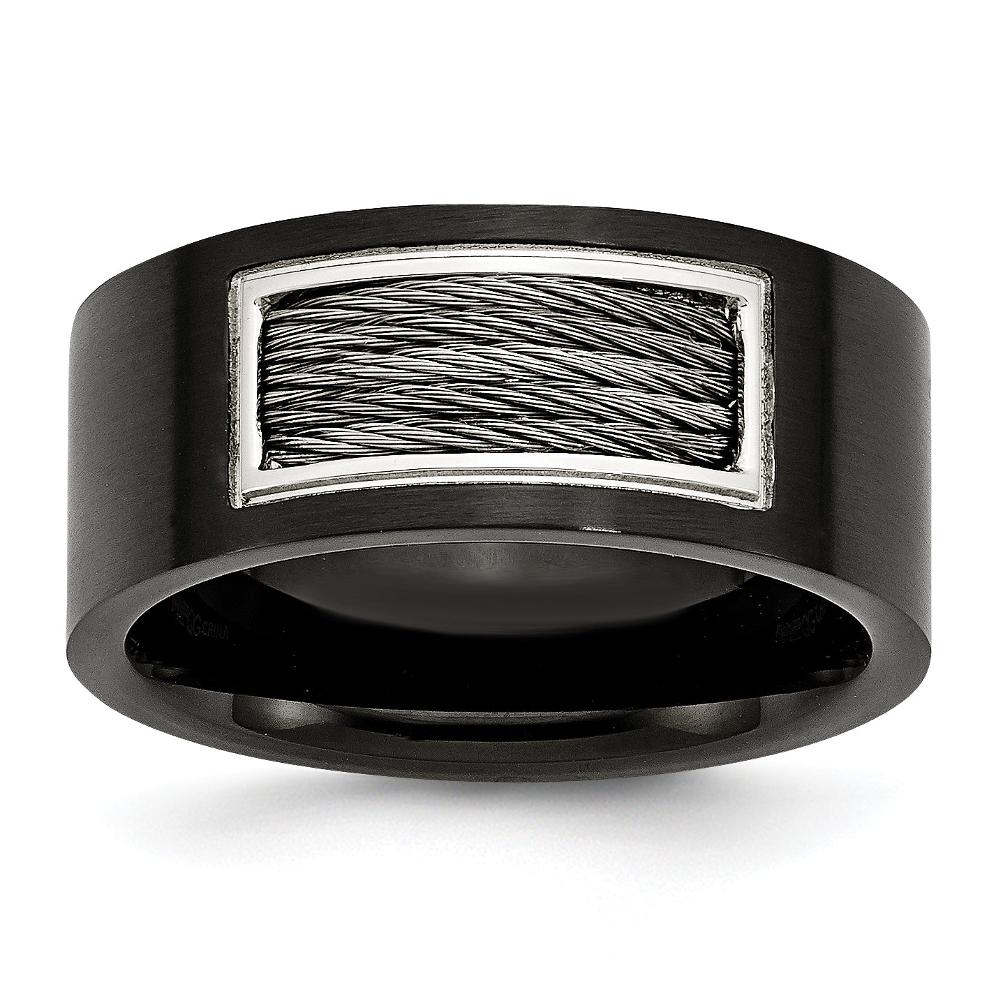 Stainless Steel Polished Black IP-plated WithGrey Wire Inlay 10mm Band