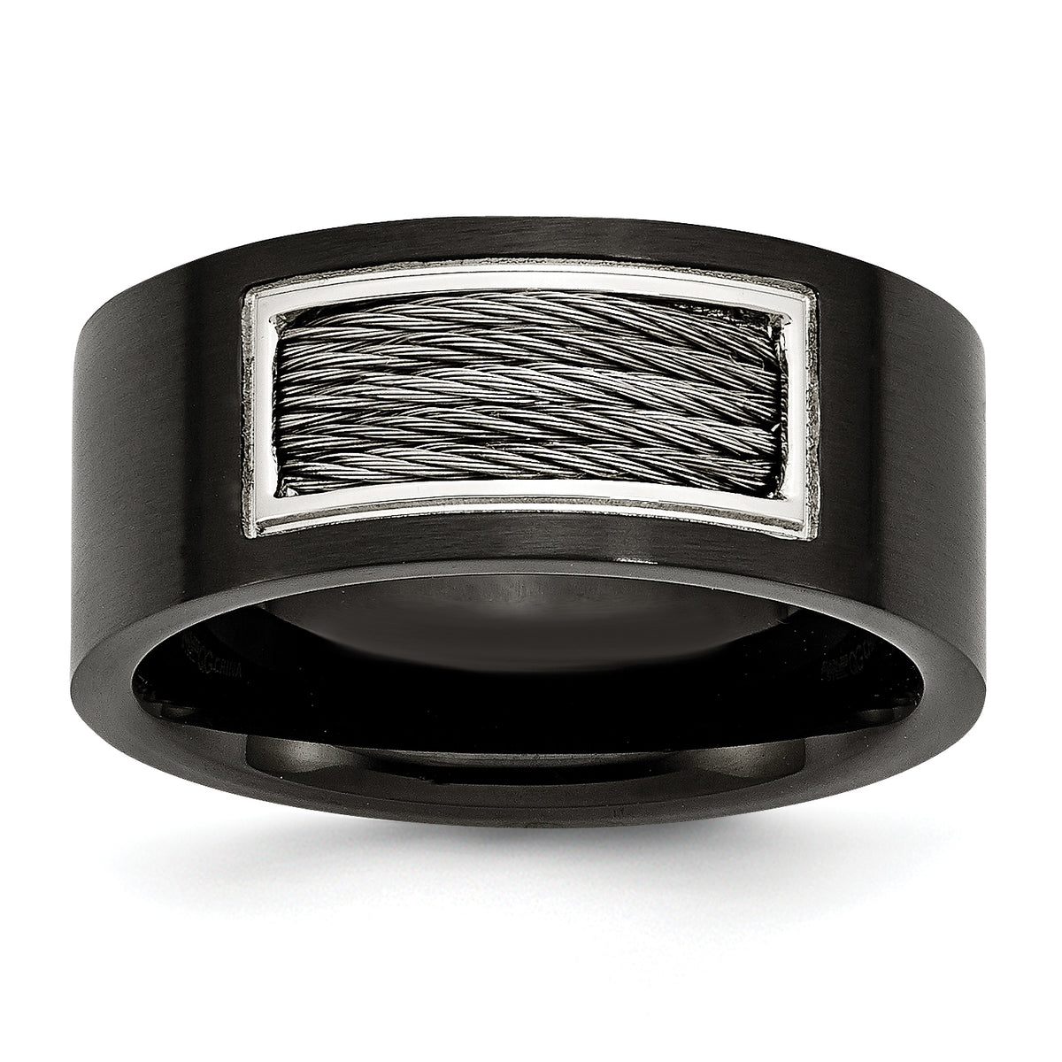 Stainless Steel Polished Black IP-plated WithGrey Wire Inlay 10mm Band