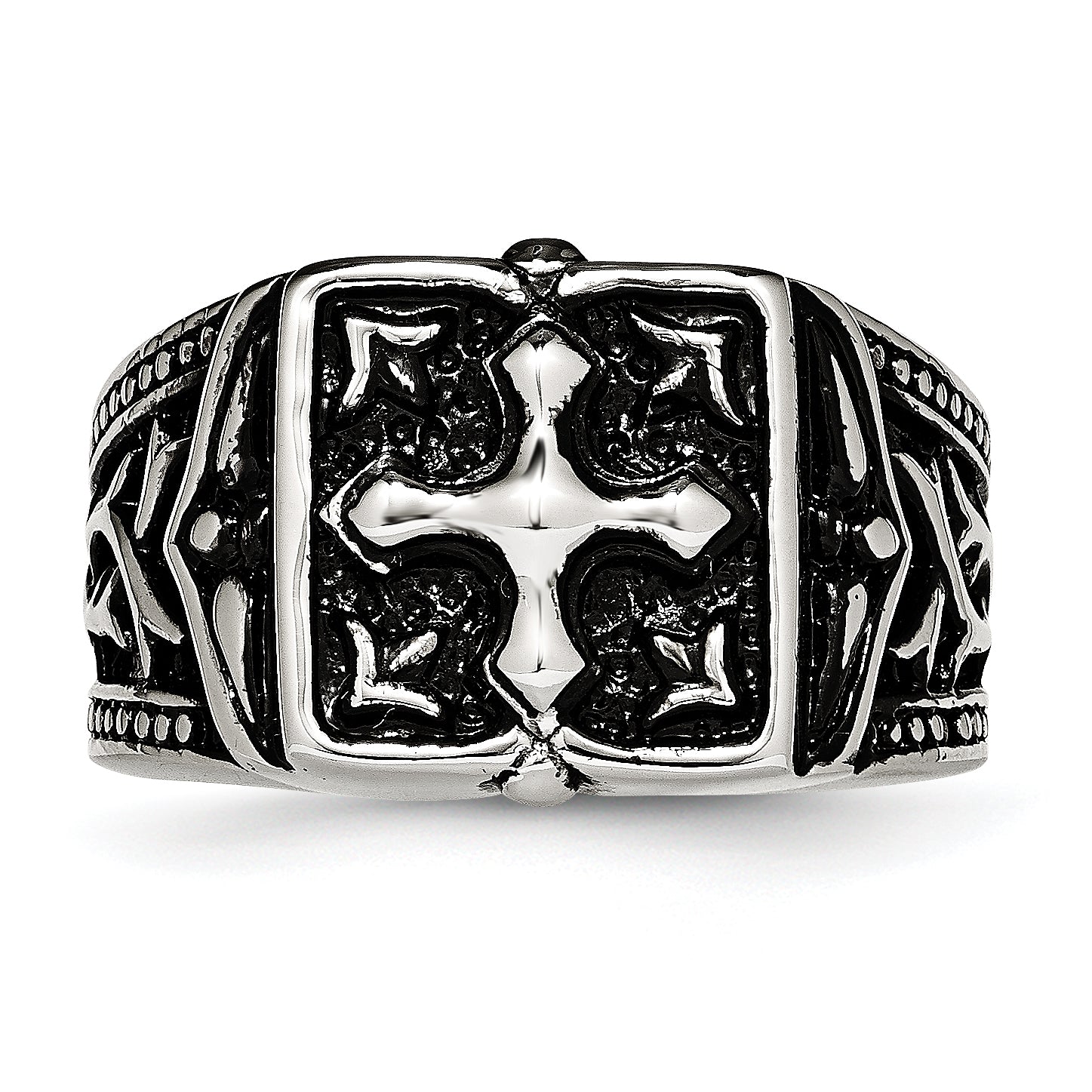 Stainless Steel Antiqued Polished and Textured Cross Ring