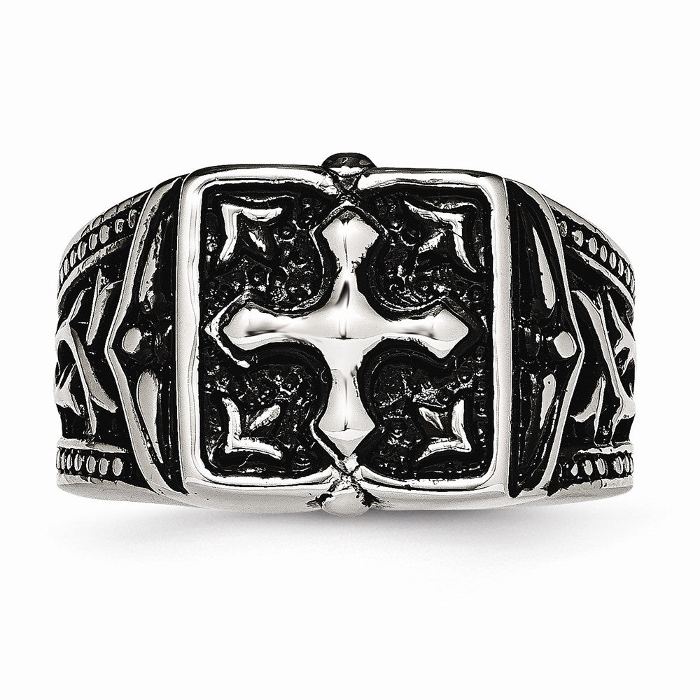 Stainless Steel Antiqued Cross Ring