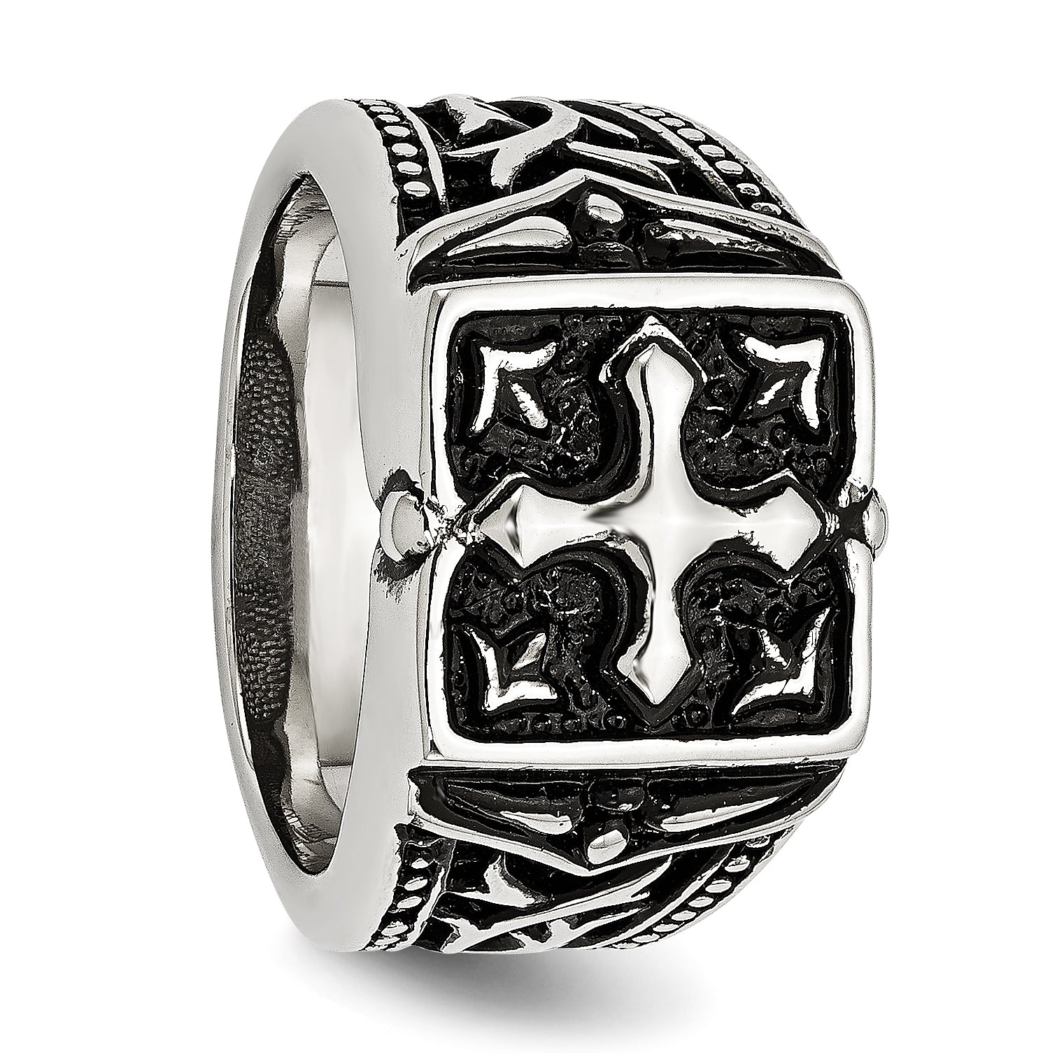 Stainless Steel Antiqued Polished and Textured Cross Ring