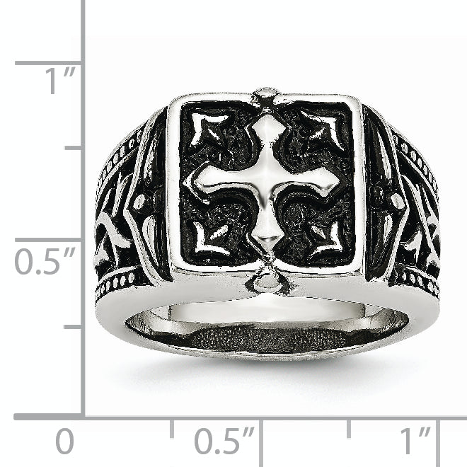 Stainless Steel Antiqued Polished and Textured Cross Ring