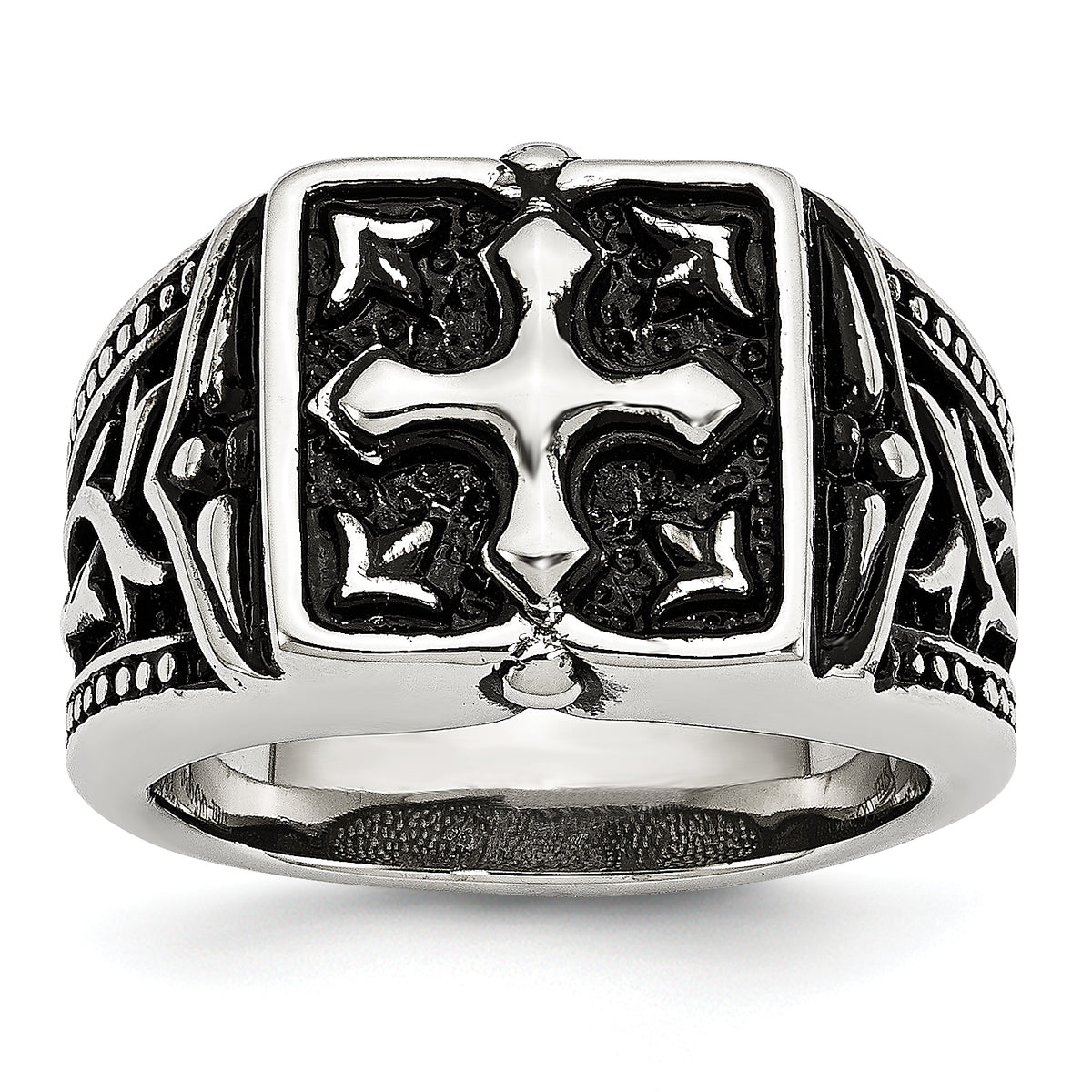 Stainless Steel Antiqued Polished and Textured Cross Ring