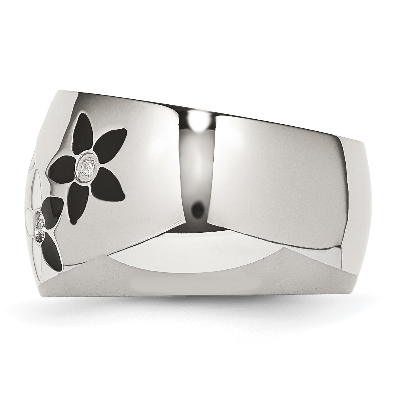 Stainless Steel Black & White Enamel Flowers WithCZ Ring