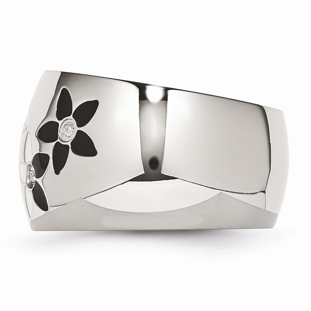 Stainless Steel Black & White Enamel Flowers w/CZ Ring