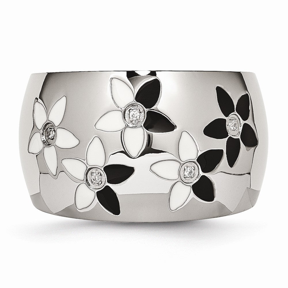 Stainless Steel Black & White Enamel Flowers w/CZ Ring