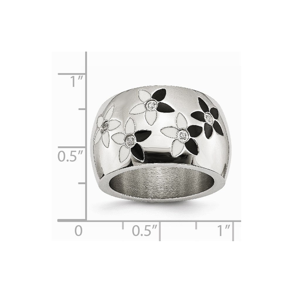 Stainless Steel Black & White Enamel Flowers w/CZ Ring