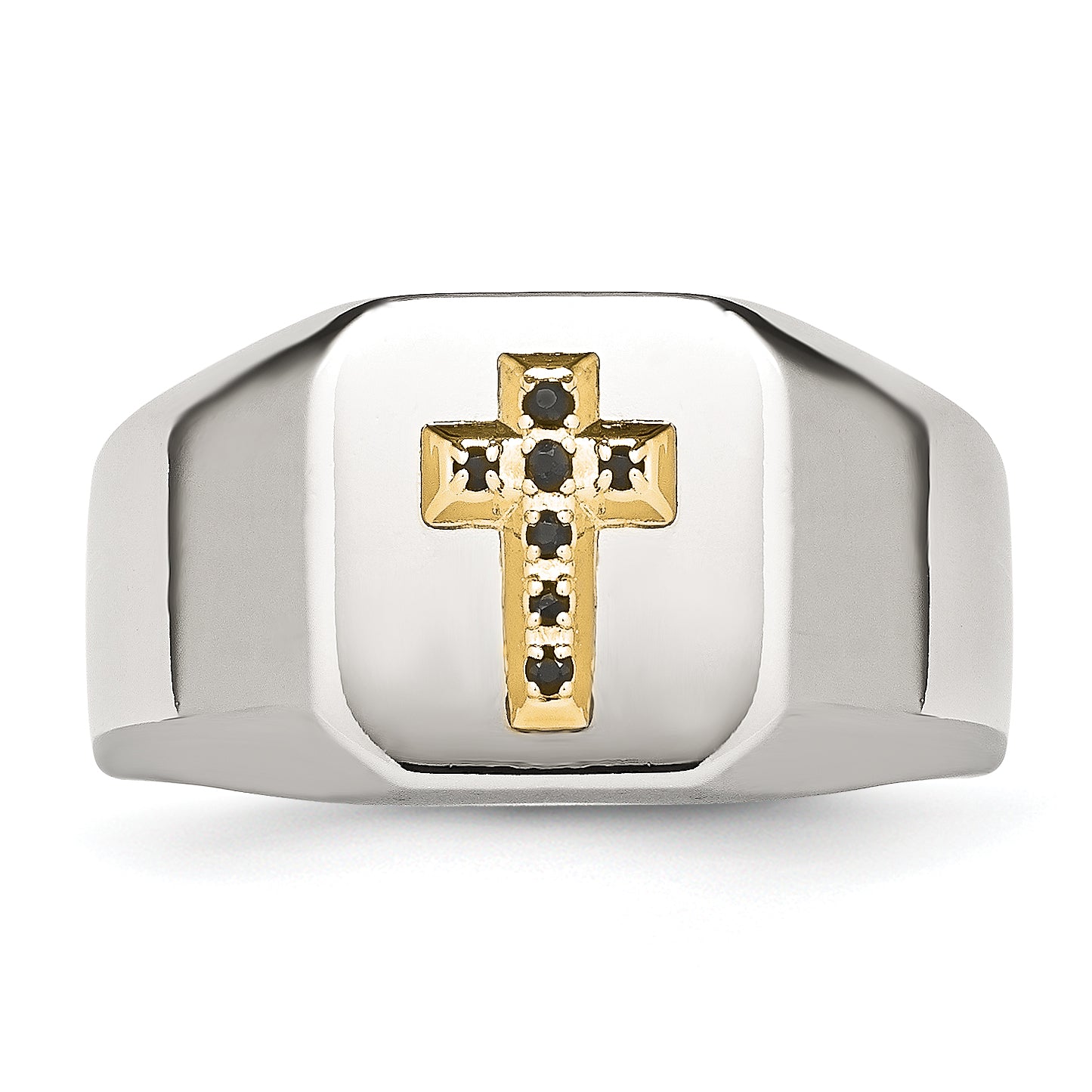 Stainless Steel Polished with 14k Gold Accent 1/15 Carat Sapphire Cross Signet Ring