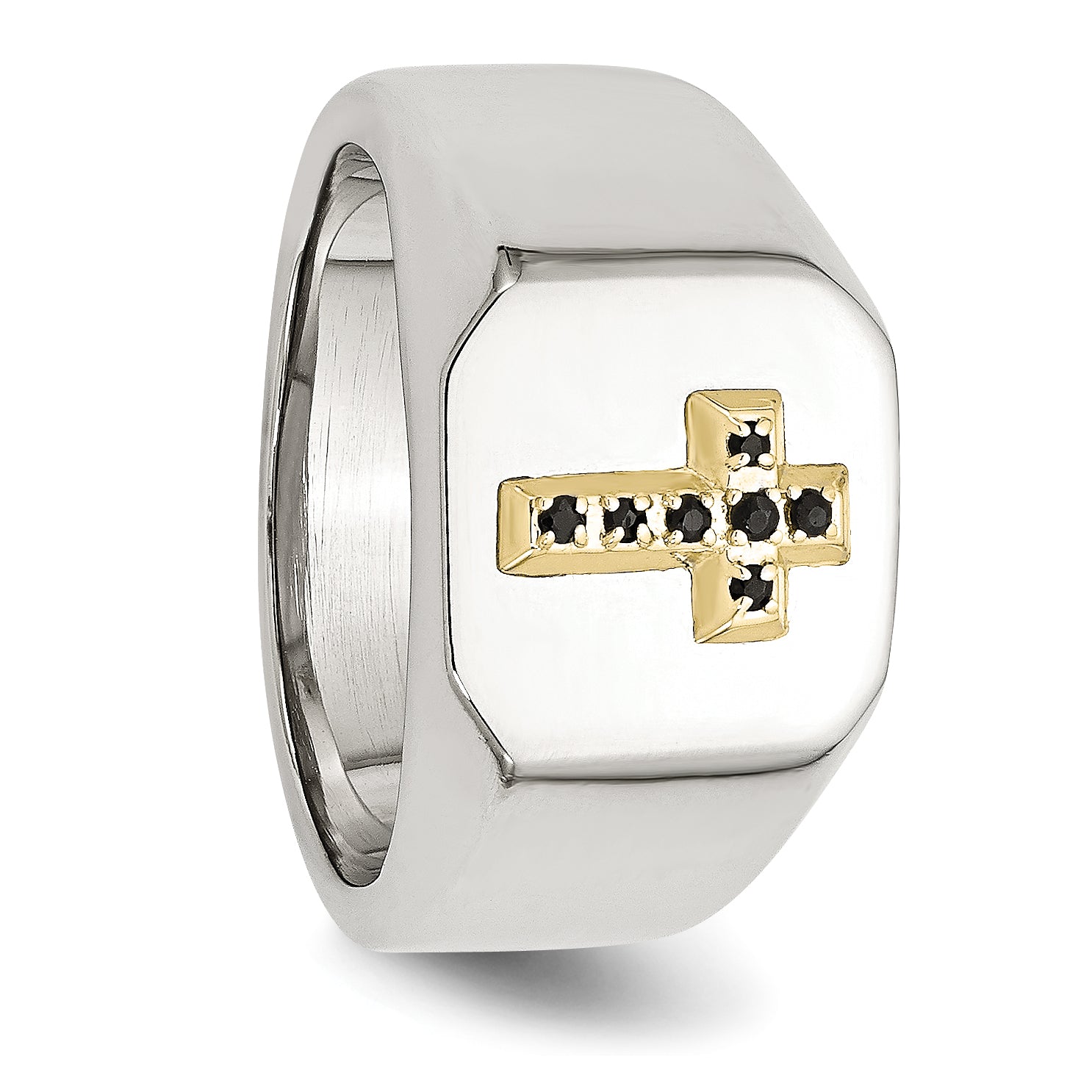 Stainless Steel Polished with 14k Gold Accent 1/15 Carat Sapphire Cross Signet Ring