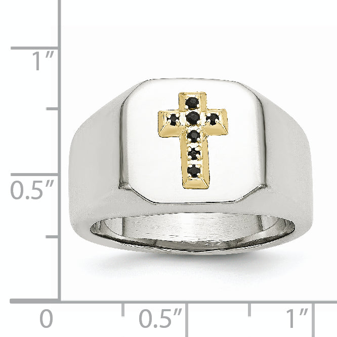 Stainless Steel Polished with 14k Gold Accent 1/15 Carat Sapphire Cross Signet Ring