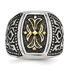 Stainless Steel Antiqued Polished & Textured Yellow IP-plated Cross Ring