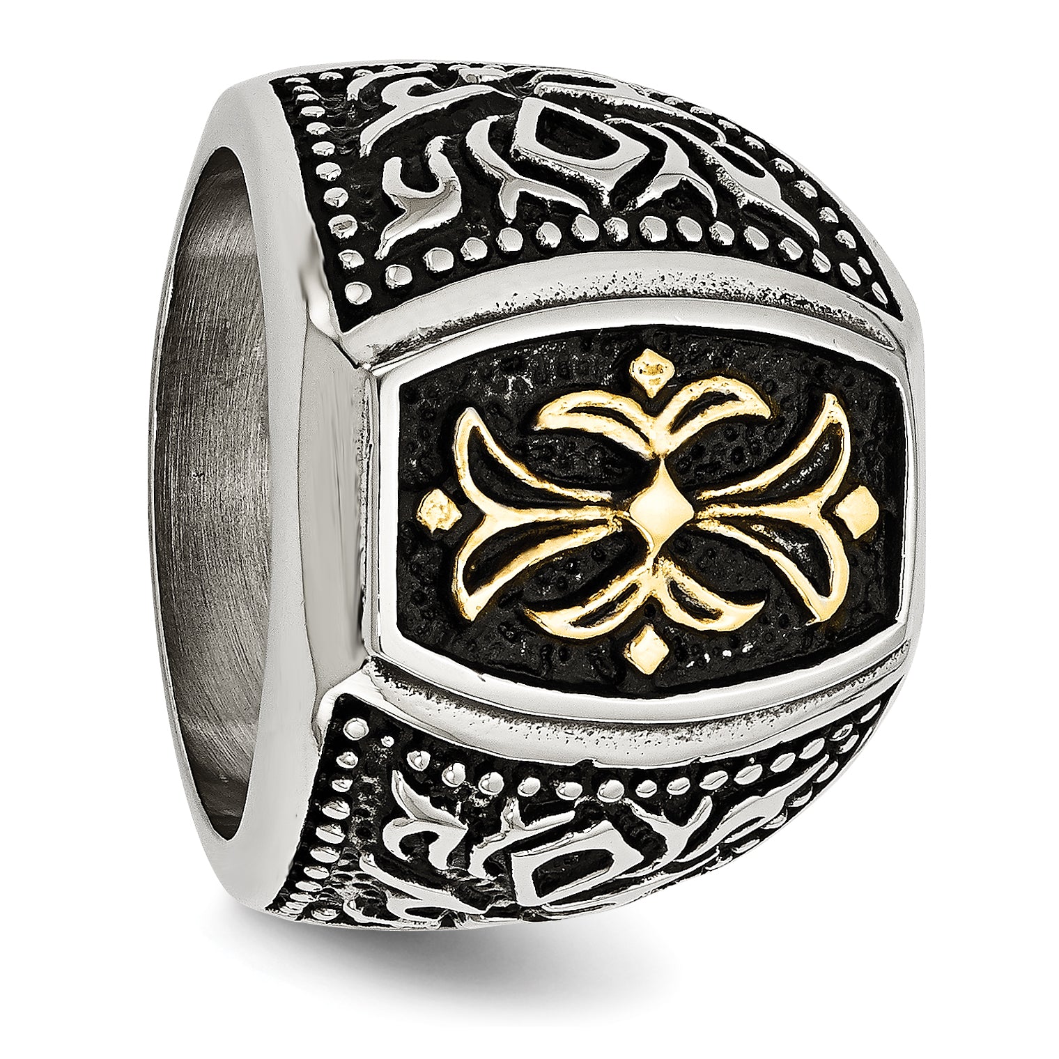 Stainless Steel Antiqued Polished & Textured Yellow IP-plated Cross Ring