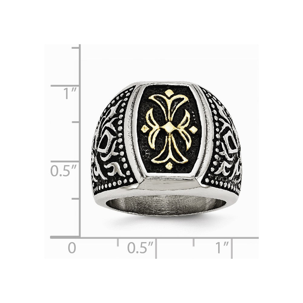 Stainless Steel Antiqued & Yellow IP-plated Cross Ring