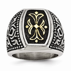 Stainless Steel Antiqued & Yellow IP-plated Cross Ring