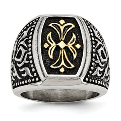 Stainless Steel Antiqued Polished & Textured Yellow IP-plated Cross Ring