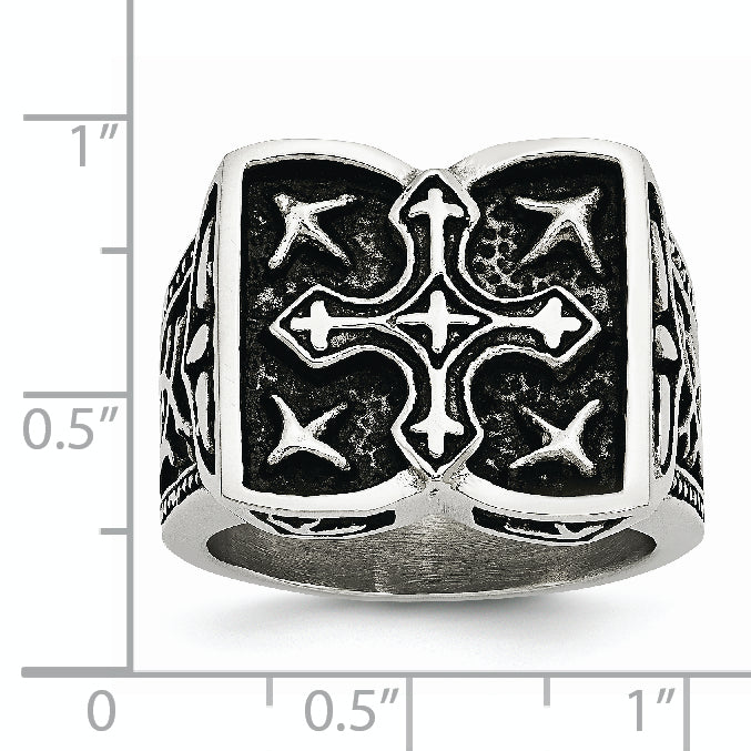 Stainless Steel Antiqued Cross Ring