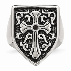 Stainless Steel Cross w/Black Diamond Antiqued Shield Ring