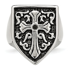 Stainless Steel Cross WithBlack Diamond Antiqued Shield Ring