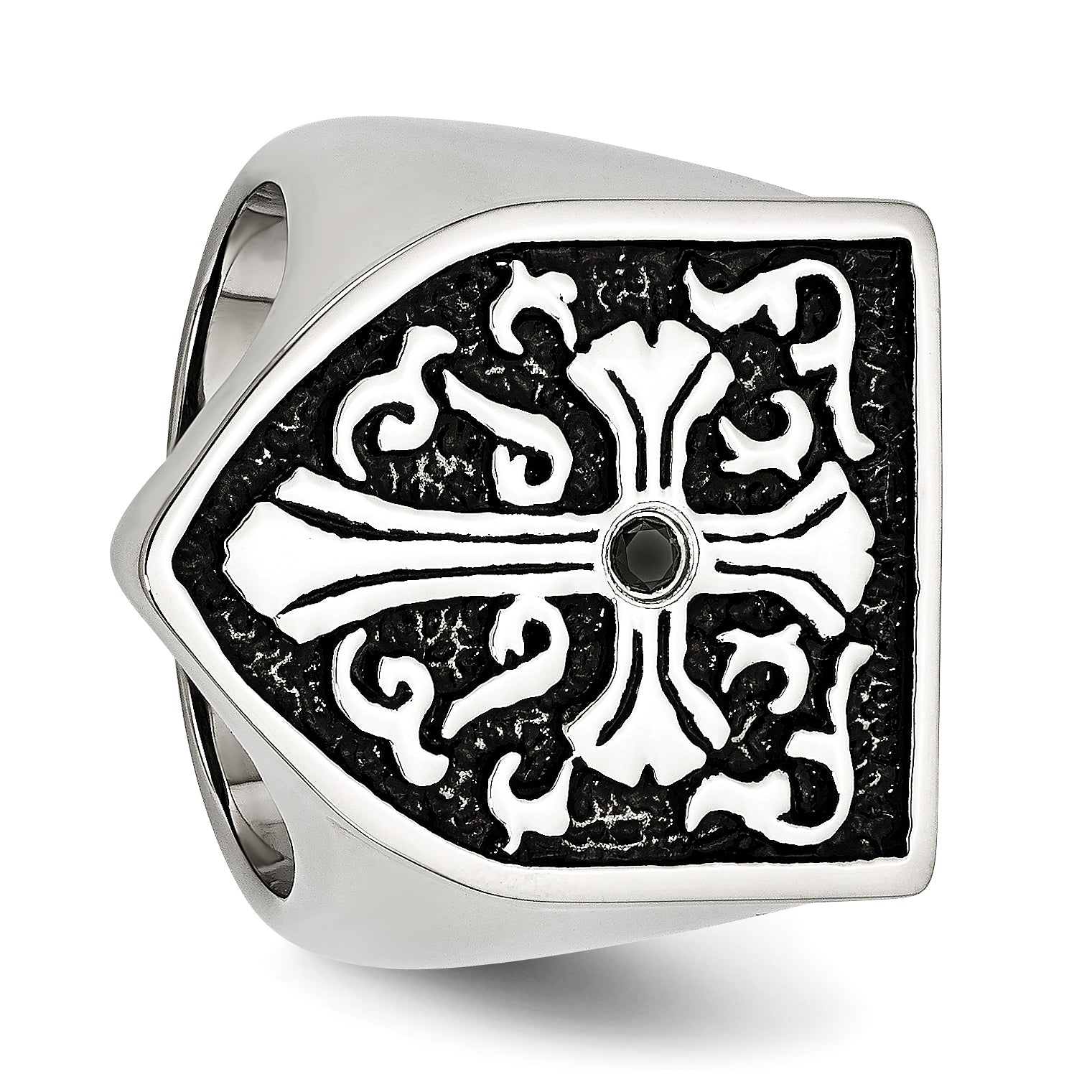 Stainless Steel Cross WithBlack Diamond Antiqued Shield Ring