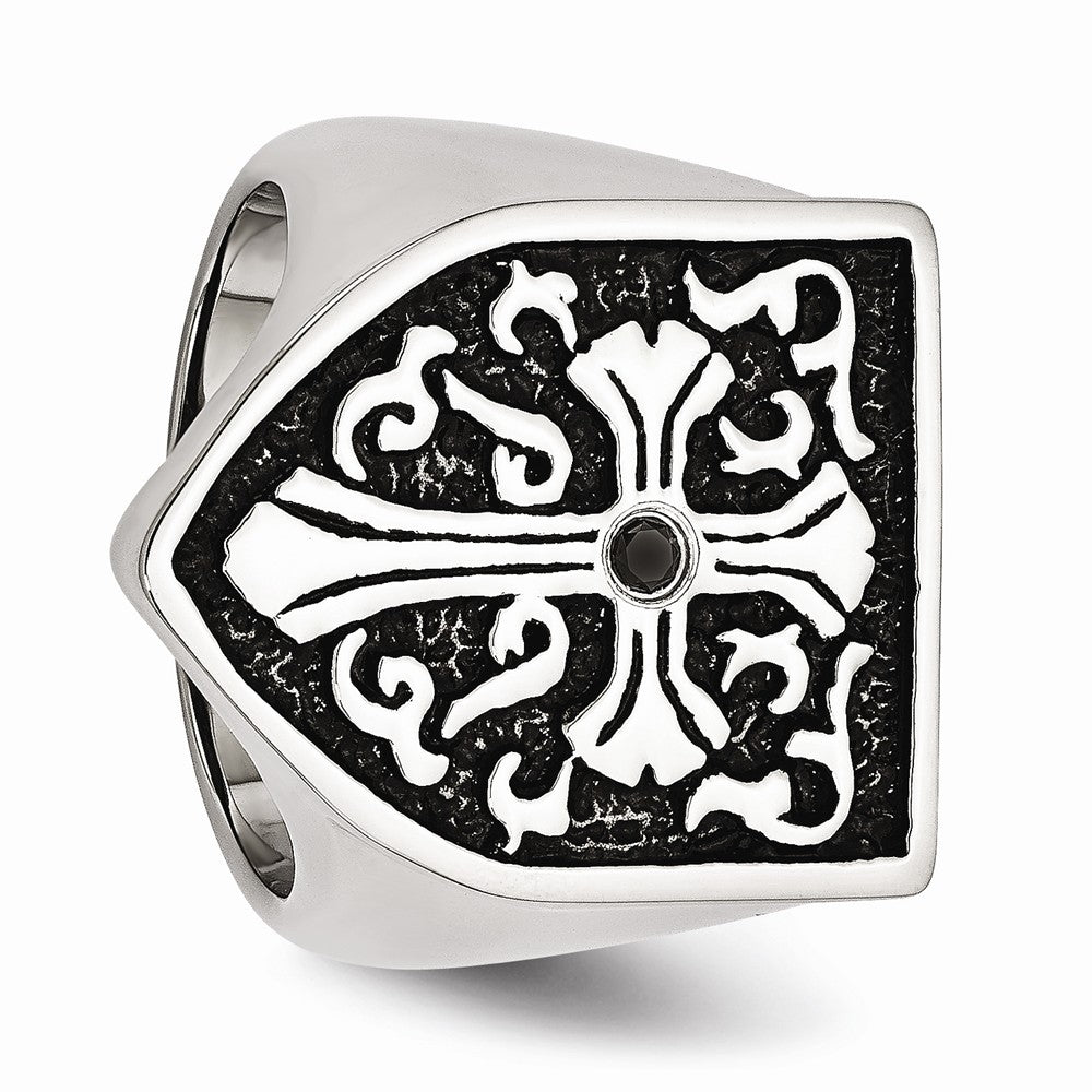 Stainless Steel Cross w/Black Diamond Antiqued Shield Ring