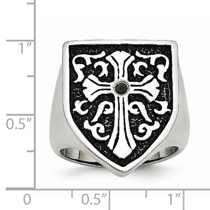 Stainless Steel Cross WithBlack Diamond Antiqued Shield Ring