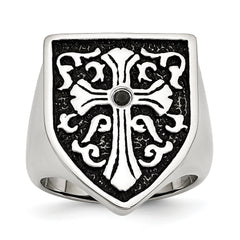 Stainless Steel Antiqued and Polished 1/20 Carat Black Diamond Shield Ring